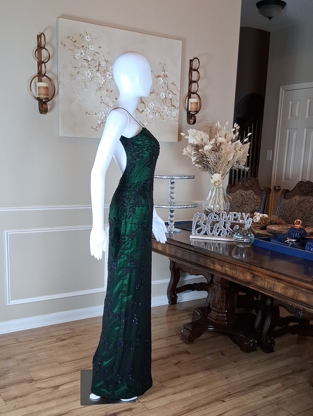 Women's Emerald Green Beaded Spaghetti-Strap Floor Length Evening Gown Size S - Picture 11 of 16